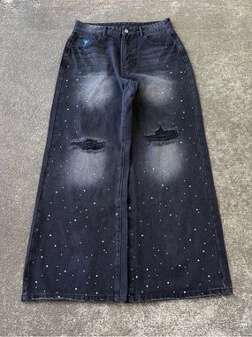 Aelfric Eden Rhinestone Distressed Baggy Jeans Size 32 Black Washed Wide Leg